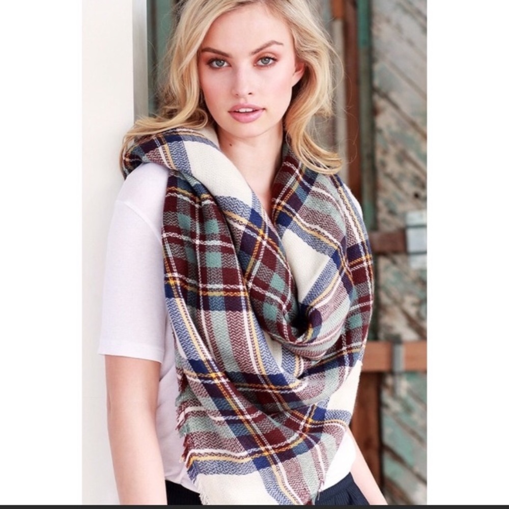 Teal plaid oversized blanket scarf